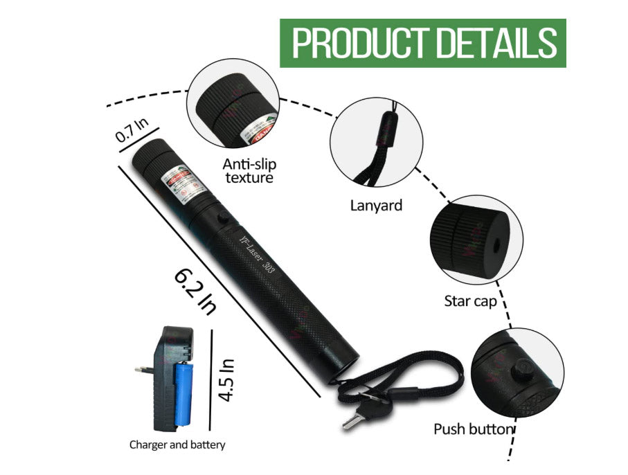 Powerful Green Laser Pointer 303 Torch – Long Range Beam with Rechargeable Battery & Charger